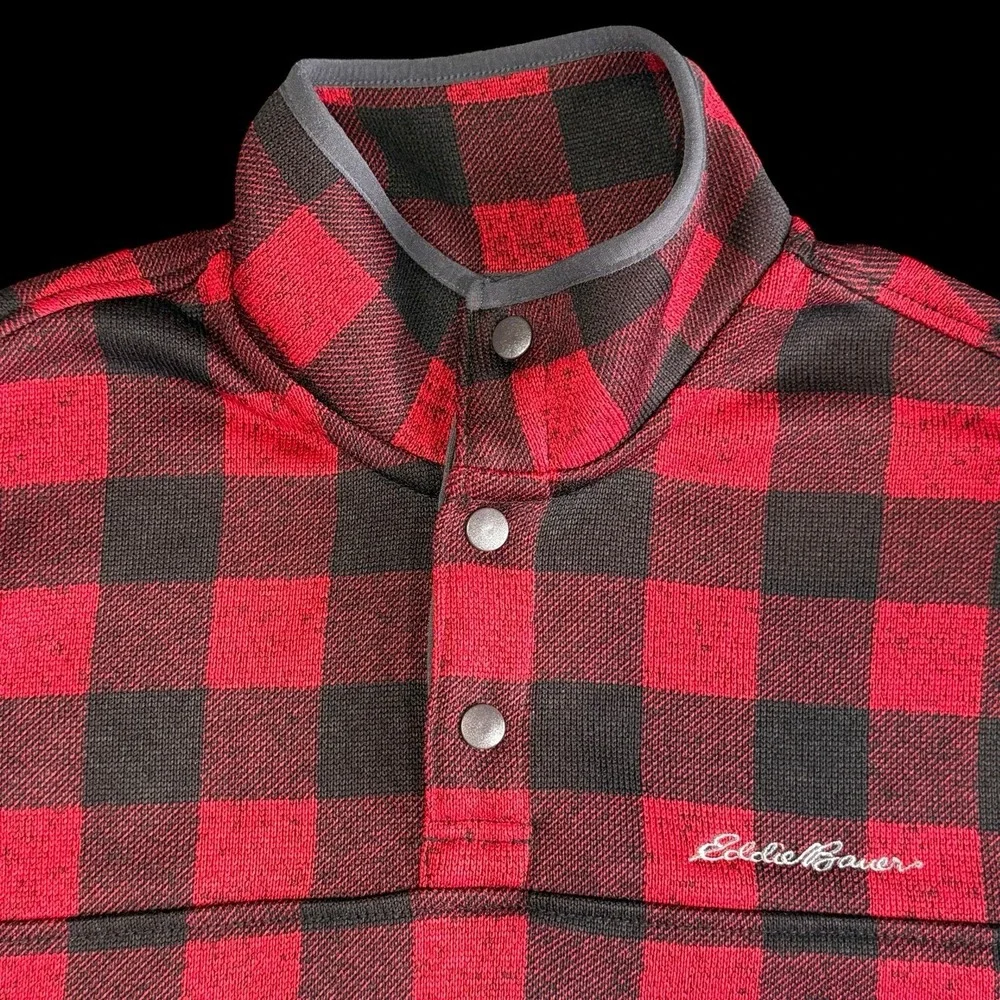Eddie Bauer Men's Fleece Pullover Red Black Buffalo Check Outdoor Casual Medium
